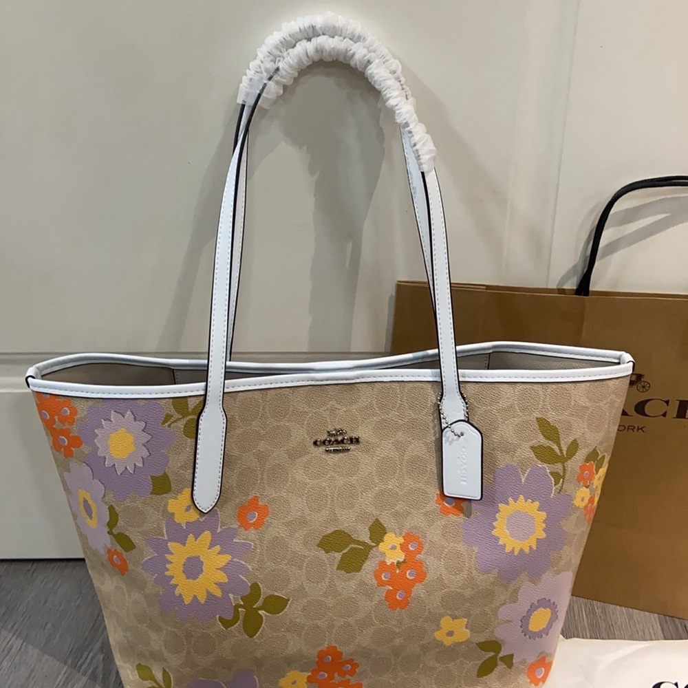 Coach Beige Tote with Floral Accents